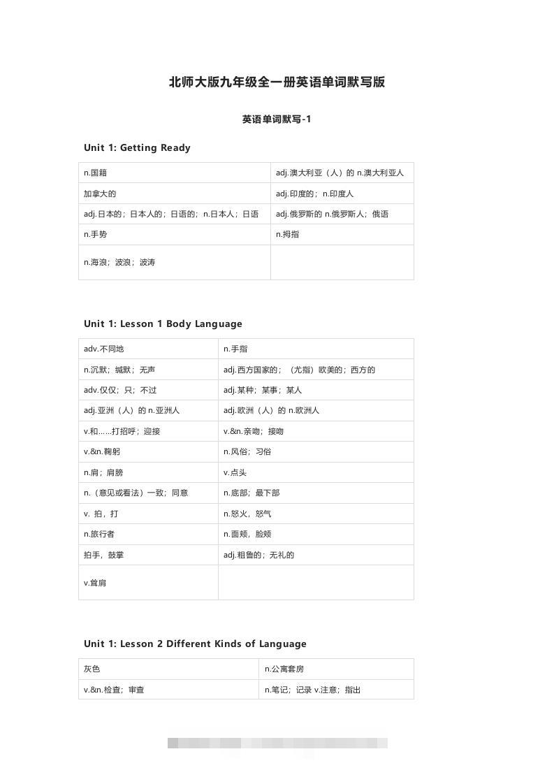 北师大版九年级上册英语单词默写表-小哥网